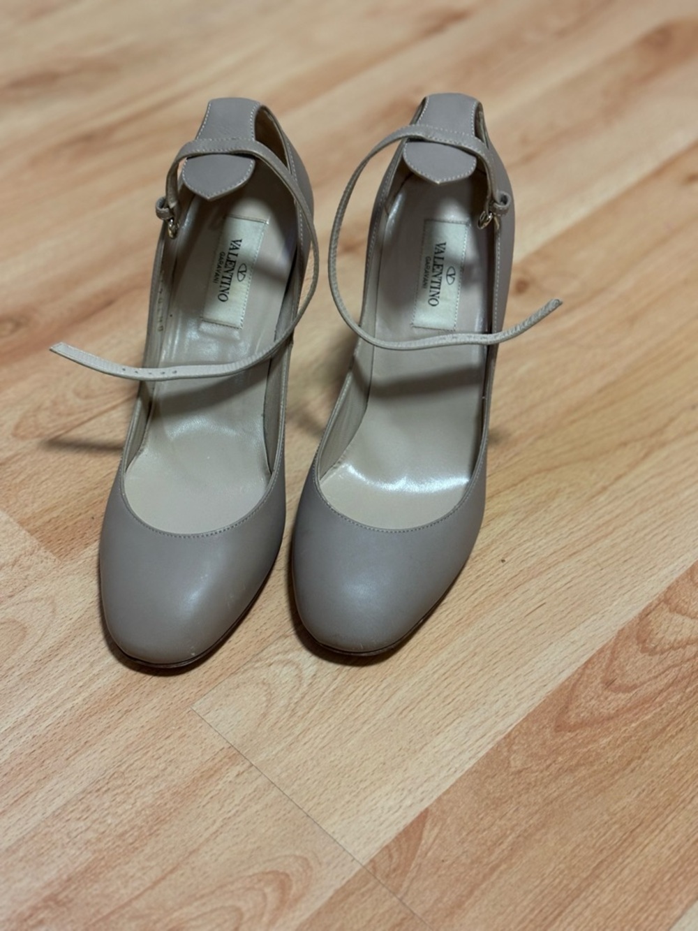 Valentino Taupe Leather Mary Jane Pumps with Ankle Strap